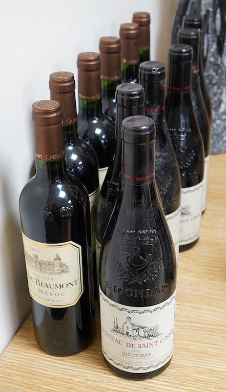 Six bottles of Chateau de Saint Cosme, 2008 Gigondas red wine, together with six bottles of 2011 Chateau Beaumont, Haut-Medoc red wine. Condition - storage unknown